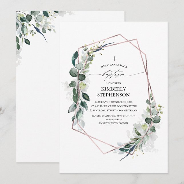 Eucalyptus Greenery Geometric Rose Gold Baptism Invitation (Front/Back)