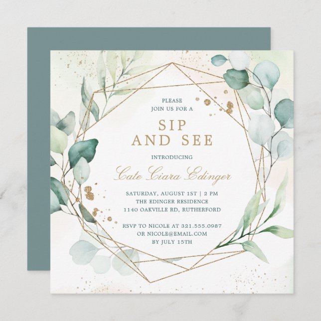 Eucalyptus Greenery Geometric Sip and See Invitation (Front/Back)