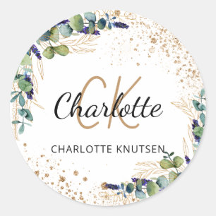 Eucalyptus greenery glitter monogram thank you classic round sticker