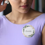 Eucalyptus greenery glitter name tag 1 inch round button<br><div class="desc">A chic white background. A chic white background. Decorated with green watercolored eucalyptus leaves,  sprigs,  greenery,  faux gold leaves and golden glitter spots.  Personalize and add a name. The name is written with a modern hand lettered style script.</div>