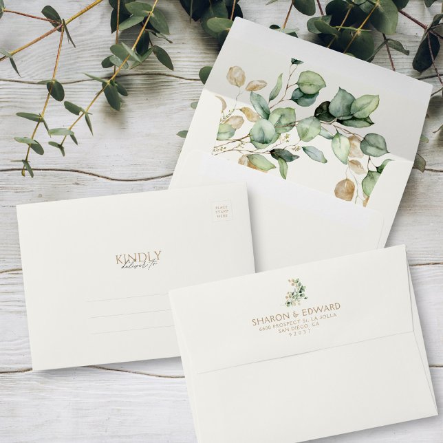 Eucalyptus Greenery & Gold 5x7 Wedding Invitation Envelope (Creator Uploaded)