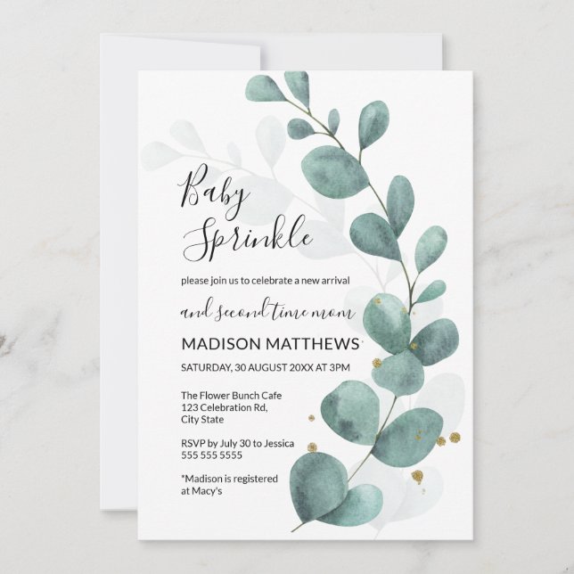 Eucalyptus Greenery & Gold Baby Sprinkle  Invitati Invitation (Front)