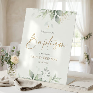 Eucalyptus Greenery Gold Baptism Welcome Pedestal Sign