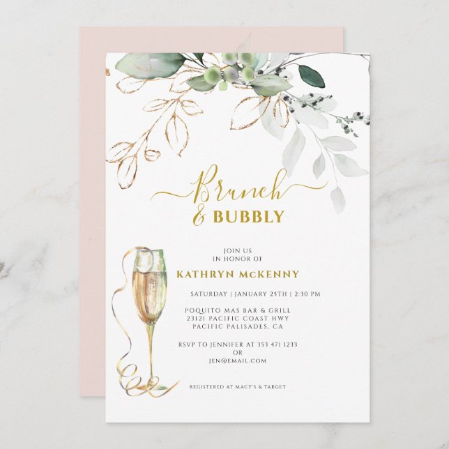 Eucalyptus Greenery Gold Blush Pink Bridal Shower Invitation (Front/Back)