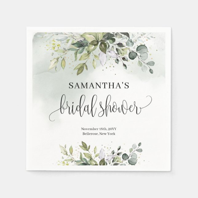 Eucalyptus greenery gold Bridal Shower napkins (Front)