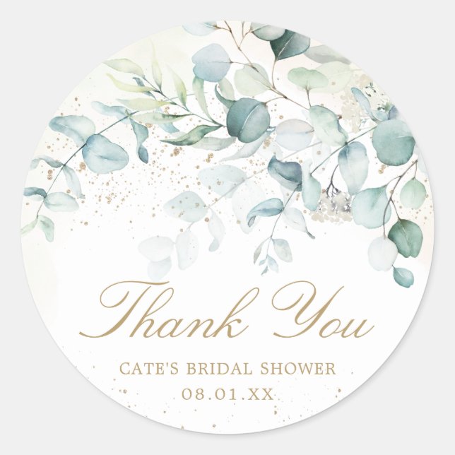 Eucalyptus Greenery Gold Bridal Shower Thank You Classic Round Sticker (Front)