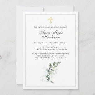 Eucalyptus Greenery Gold Cross Baptism  Invitation