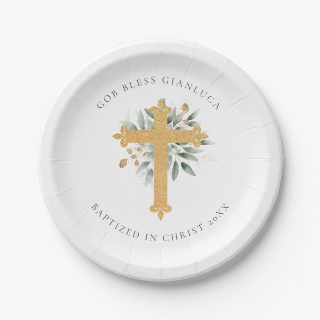 Eucalyptus Greenery & Gold Cross Baptism Party Paper Plate (Front)