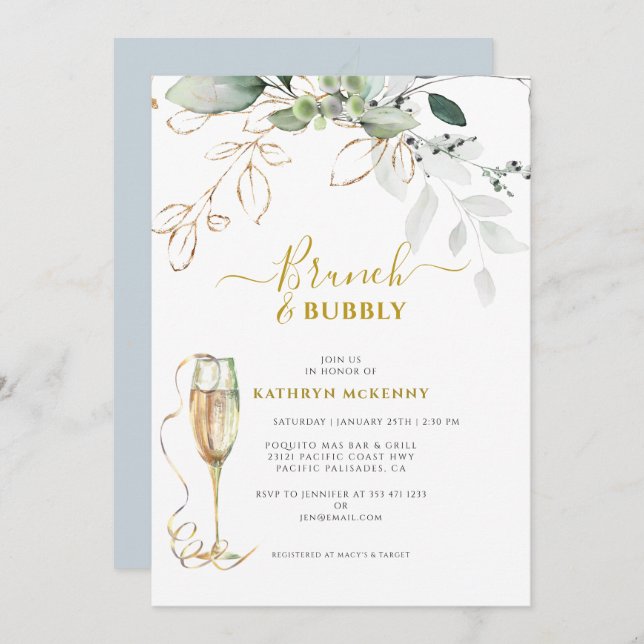 Eucalyptus Greenery Gold Dusty Blue Bridal Shower  Invitation (Front/Back)