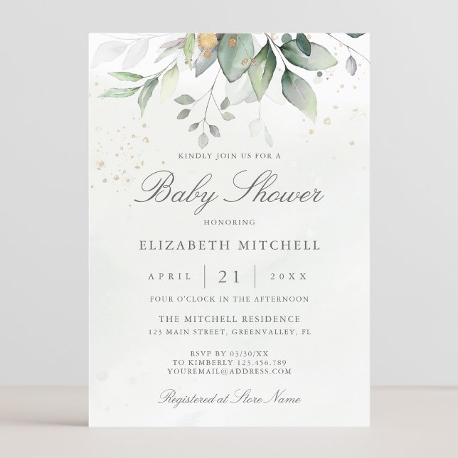 Eucalyptus Greenery Gold Elegant Baby Shower Invitation (Creator Uploaded)
