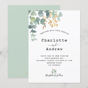 Eucalyptus greenery gold elegant script wedding invitation