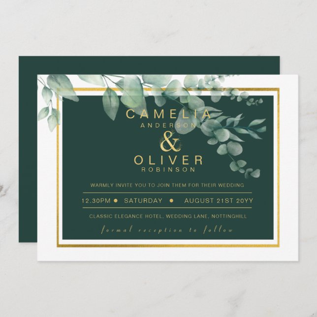 Eucalyptus Greenery Gold Emerald Wedding QR CODE I Invitation (Front/Back)