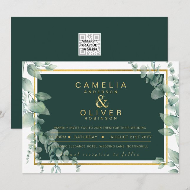 Eucalyptus Greenery Gold Emerald Wedding QR CODE I Invitation (Front/Back)