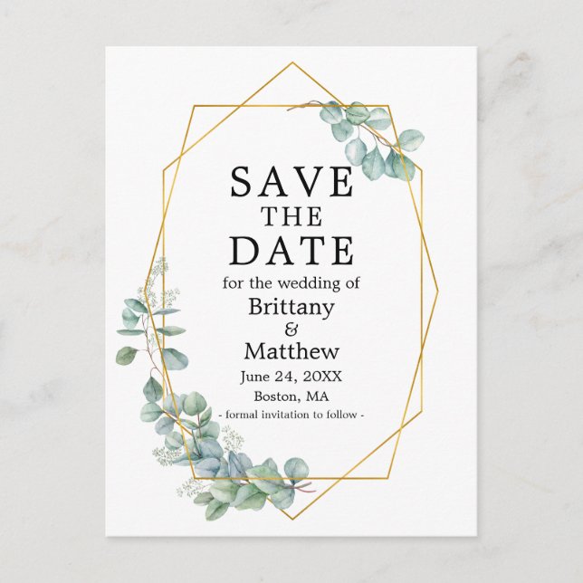 Eucalyptus Greenery Gold Geo Frame Save The Date Postcard (Front)