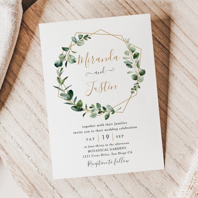 Eucalyptus Greenery Gold Geometric Frame Wedding Invitation (Creator Uploaded)