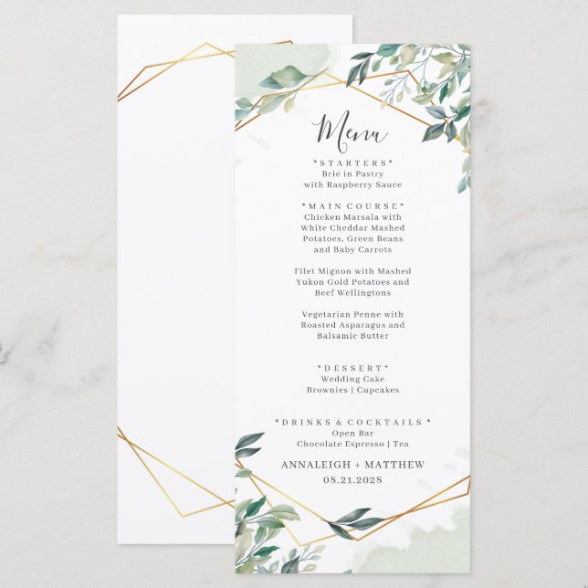 Eucalyptus Greenery Gold Geometric Wedding Menu (Front/Back)
