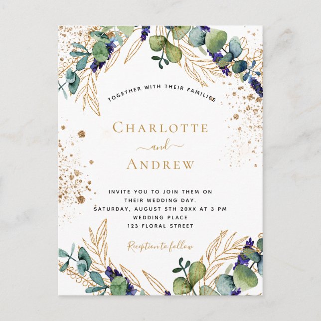 Eucalyptus greenery gold glitter elegant wedding i invitation postcard (Front)