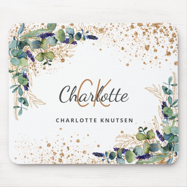 Eucalyptus greenery gold glitter monogram name  mouse pad (Front)