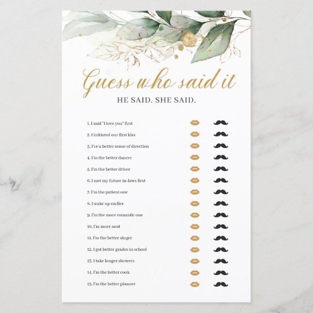 Eucalyptus greenery gold guess who said it game (Front)