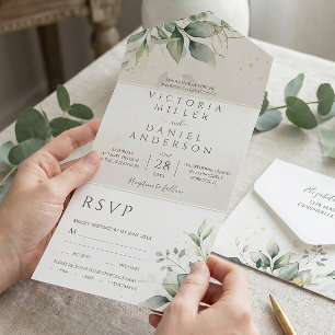 Eucalyptus Greenery Gold Leaves Botanical Wedding All In One Invitation