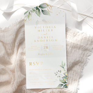 Eucalyptus Greenery Gold Leaves Botanical Wedding All In One Invitation