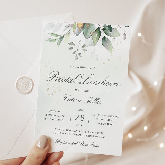 Eucalyptus Greenery Gold Leaves Bridal Luncheon Invitation (Creator Uploaded)