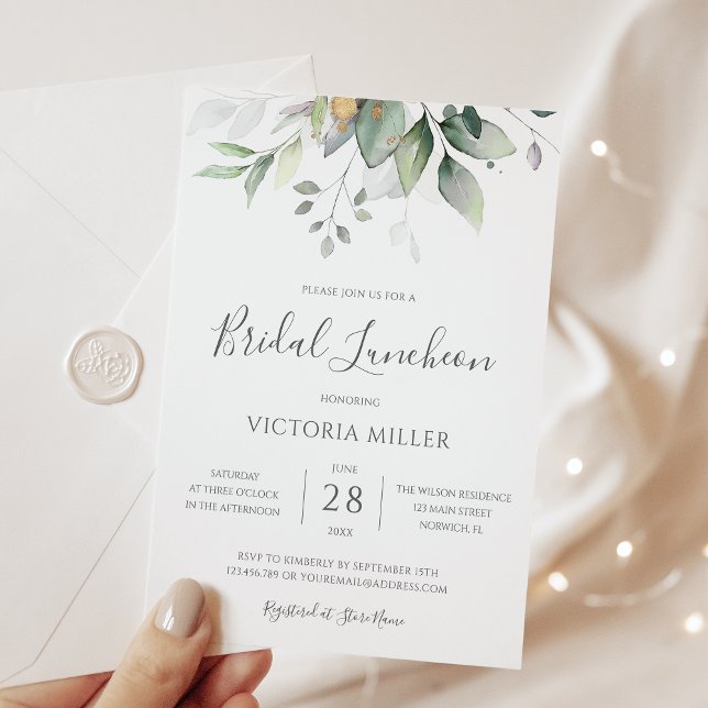 Eucalyptus Greenery Gold Leaves Bridal Luncheon Invitation (Creator Uploaded)