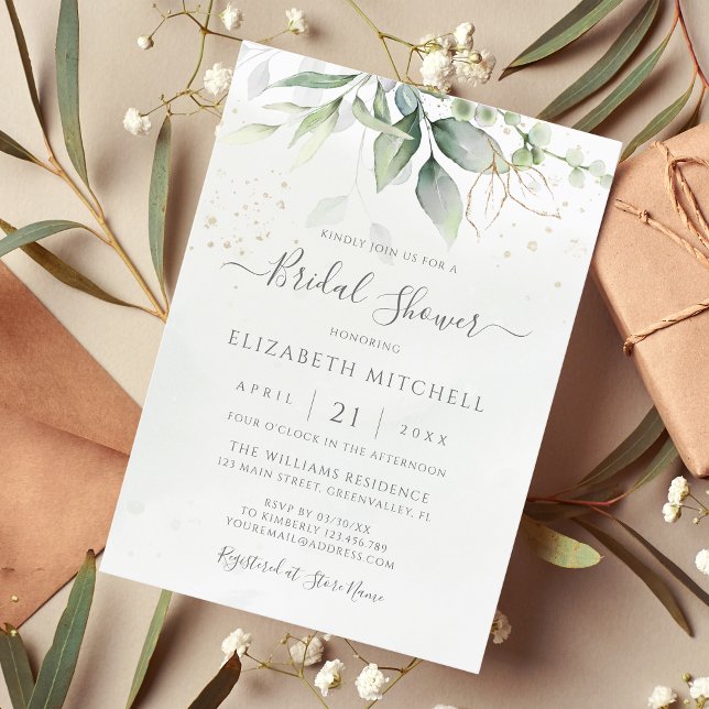 Eucalyptus Greenery Gold Leaves Bridal Shower Invitation (Creator Uploaded)