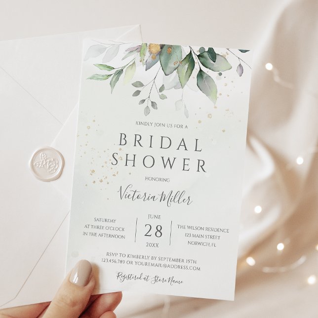 Eucalyptus Greenery Gold Leaves Bridal Shower Invitation (Creator Uploaded)