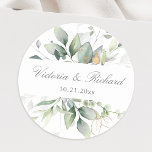 Eucalyptus Greenery Gold Leaves Elegant  Classic Round Sticker<br><div class="desc">Beautiful envelope seal stickers featuring watercolor eucalyptus and gold leaves.</div>