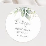Eucalyptus Greenery Gold Leaves Elegant Wedding Classic Round Sticker<br><div class="desc">Beautiful wedding Thank You stickers featuring watercolor eucalyptus and gold leaves.</div>