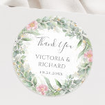 Eucalyptus Greenery Gold Leaves Elegant Wedding Classic Round Sticker<br><div class="desc">Beautiful wedding Thank You stickers featuring blush pink floral watercolor eucalyptus and gold leaves.</div>