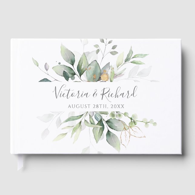 Eucalyptus Greenery Gold Leaves Elegant Wedding Guest Book (Front)