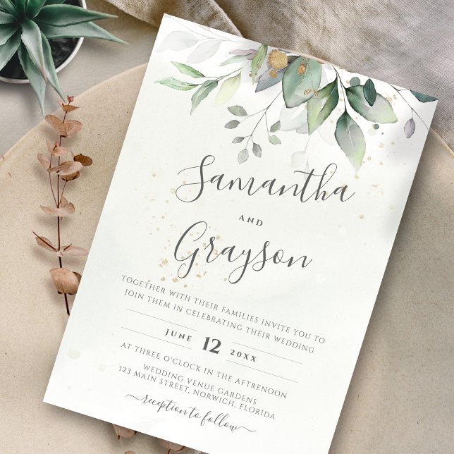 Eucalyptus Greenery Gold Leaves Elegant Wedding Invitation (Creator Uploaded)