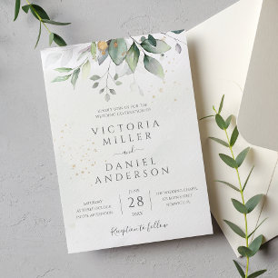 Eucalyptus Greenery Gold Leaves Elegant Wedding Invitation