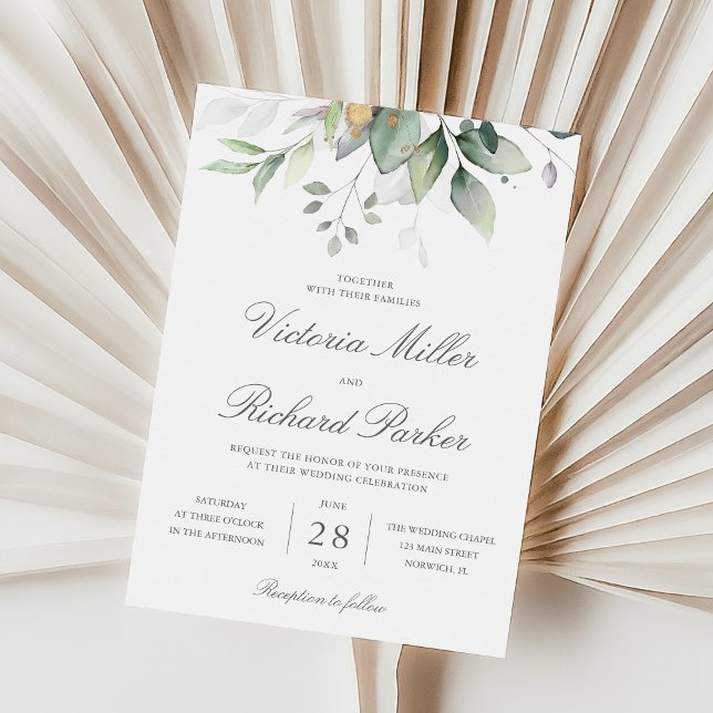 Eucalyptus Greenery Gold Leaves Elegant Wedding Invitation (Creator Uploaded)