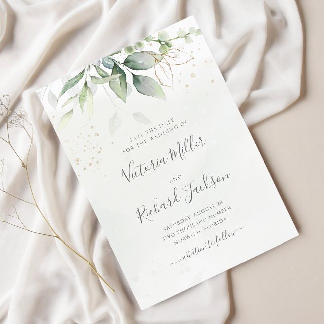 Eucalyptus Greenery Gold Leaves Elegant Wedding Save The Date (Creator Uploaded)