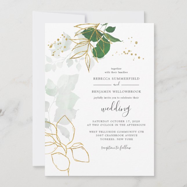 Eucalyptus Greenery Gold Leaves Geometric Script Invitation (Front)