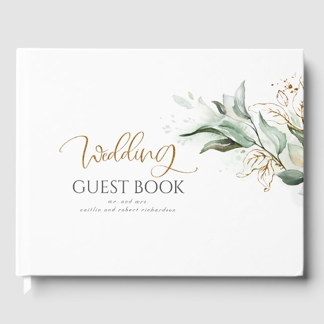 Eucalyptus Greenery Gold Leaves Wedding Guest Book (Front)