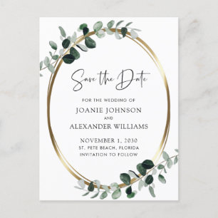 Eucalyptus Greenery Gold Metallic Save the Date Announcement Postcard