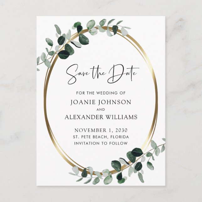 Eucalyptus Greenery Gold Metallic Save the Date Announcement Postcard (Front)