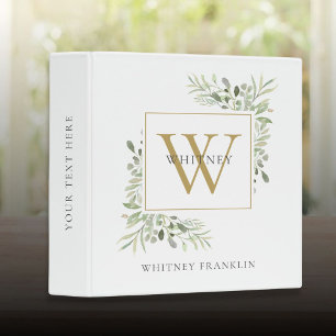 Eucalyptus Greenery Gold Monogram School Office Binder