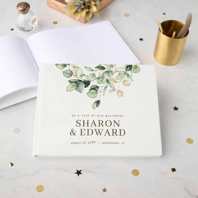Eucalyptus Greenery & Gold Monogram Wedding Photo Guest Book (Front Open)
