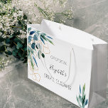Eucalyptus greenery gold name bridal shower large gift bag<br><div class="desc">A chic white background.  Decorated with watercolored eucalyptus greenery,  and golden foliage. Personalize and add a date and the name of the bride.
Perfect for gift wrapping or for favours.</div>