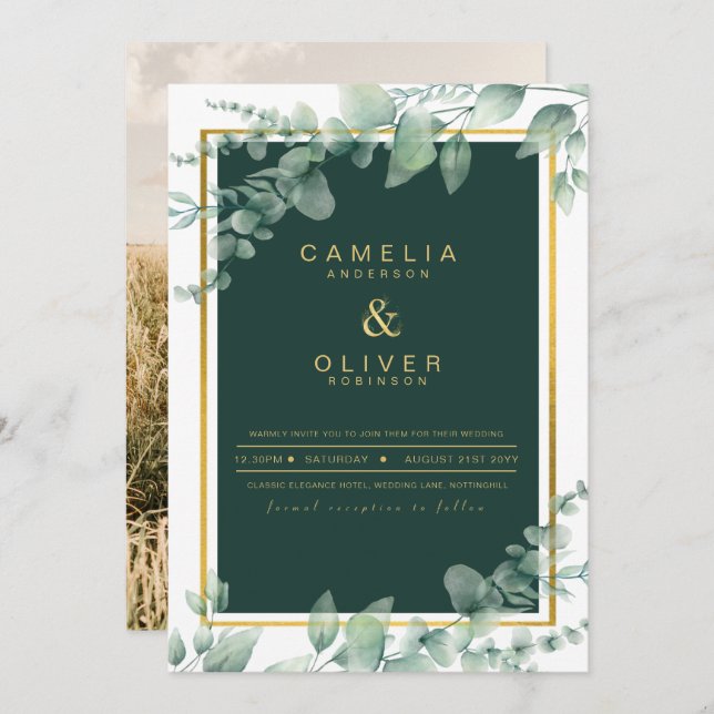 Eucalyptus Greenery Gold PHOTO WEDDING INVITE (Front/Back)