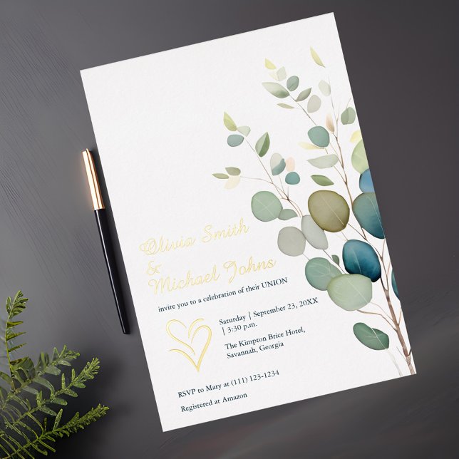 Eucalyptus greenery Gold QR code Wedding Invite (Creator Uploaded)
