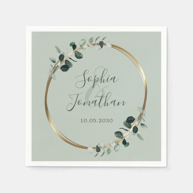 Eucalyptus Greenery Gold Sage Personalized Wedding Napkin (Front)