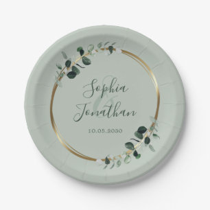 Eucalyptus Greenery Gold Sage Personalized Wedding Paper Plate