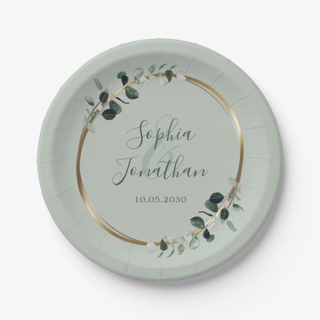 Eucalyptus Greenery Gold Sage Personalized Wedding Paper Plate (Front)