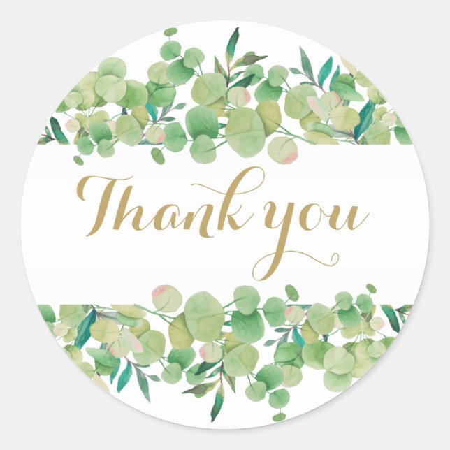 Eucalyptus Greenery Gold Script Thank You Classic Round Sticker (Front)